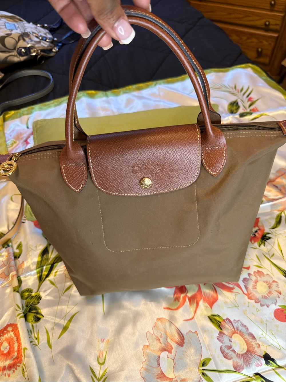 Longchamp Le Pliage Small Tote Bag Brown Leather Handle Khaki Nylon